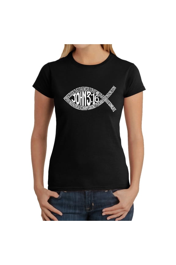 Women's Word Art T-Shirt - John 3:16 Fish Symbol