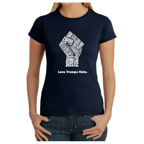 LA Pop Art Women's Word Art T-Shirt - Love Trumps Hate Fist