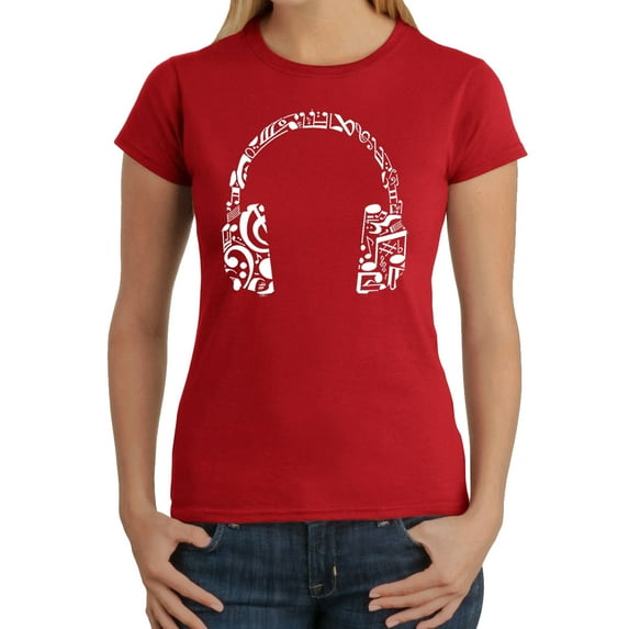 LA Pop Art Women's Word Art T-Shirt - Music Note Headphones