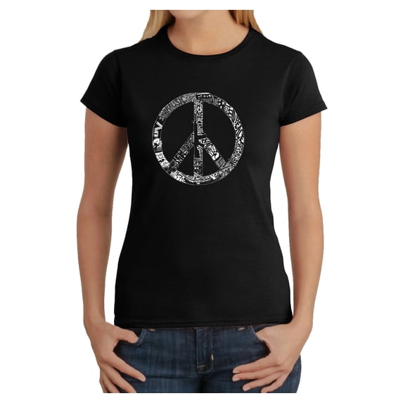 LA Pop Art Women's Word Art T-Shirt - PEACE, LOVE, & MUSIC