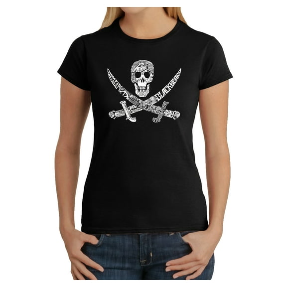 LA Pop Art Women's Word Art T-Shirt - PIRATE CAPTAINS, SHIPS AND IMAGERY