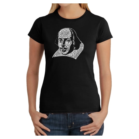 LA Pop Art Women's Word Art T-Shirt - THE TITLES OF ALL OF WILLIAM SHAKESPEARE'S COMEDIES & TRAGEDIES