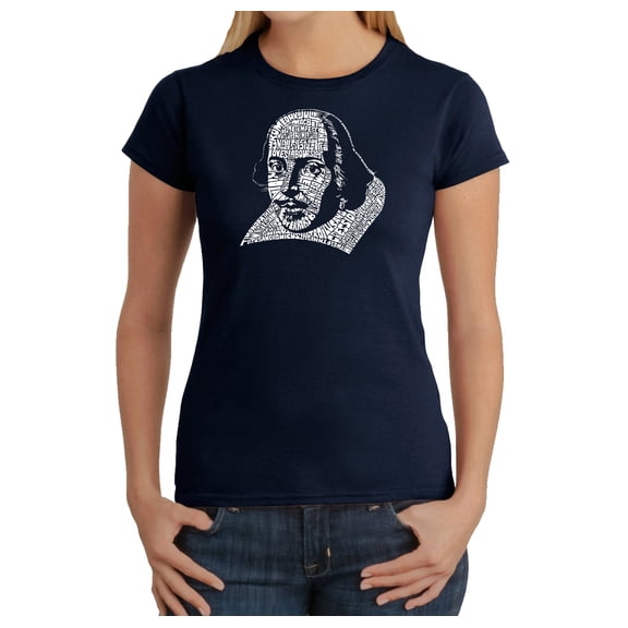LA Pop Art Women's Word Art T-Shirt - THE TITLES OF ALL OF WILLIAM SHAKESPEARE'S COMEDIES & TRAGEDIES