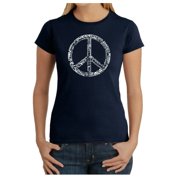 LA Pop Art Women's Word Art T-Shirt - THE WORD PEACE IN 77 LANGUAGES