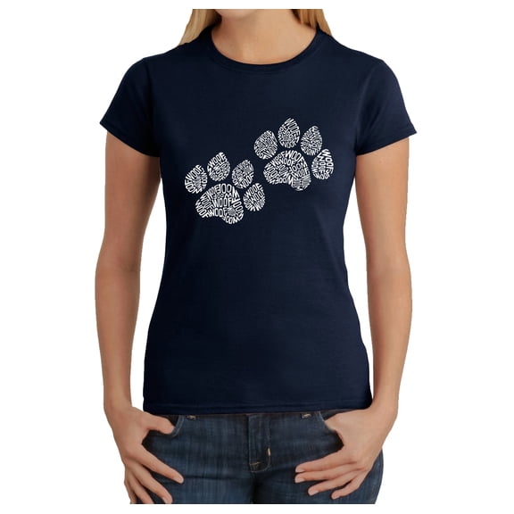 LA Pop Art Women's Word Art T-Shirt - Woof Paw Prints