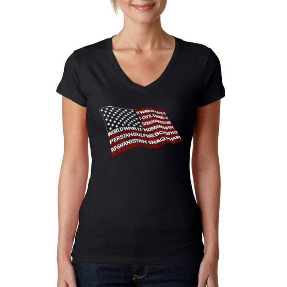 LA Pop Art Women's Word Art V-Neck T-Shirt - American Wars Tribute Flag