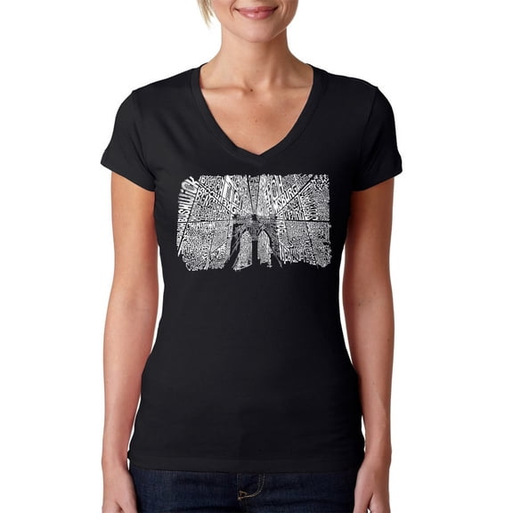 LA Pop Art Women's Word Art V-Neck T-Shirt - Brooklyn Bridge