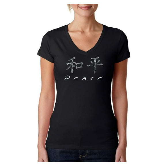 LA Pop Art Women's Word Art V-Neck T-Shirt - CHINESE PEACE SYMBOL