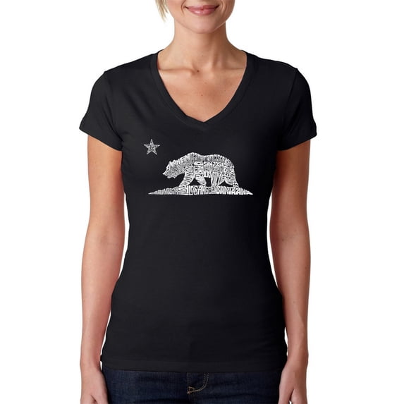 LA Pop Art Women's Word Art V-Neck T-Shirt - California Bear