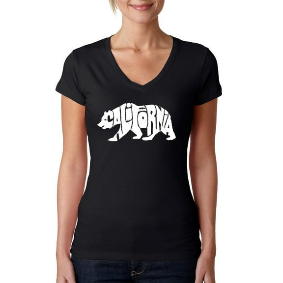 LA Pop Art Women's Word Art V-Neck T-Shirt - California Bear