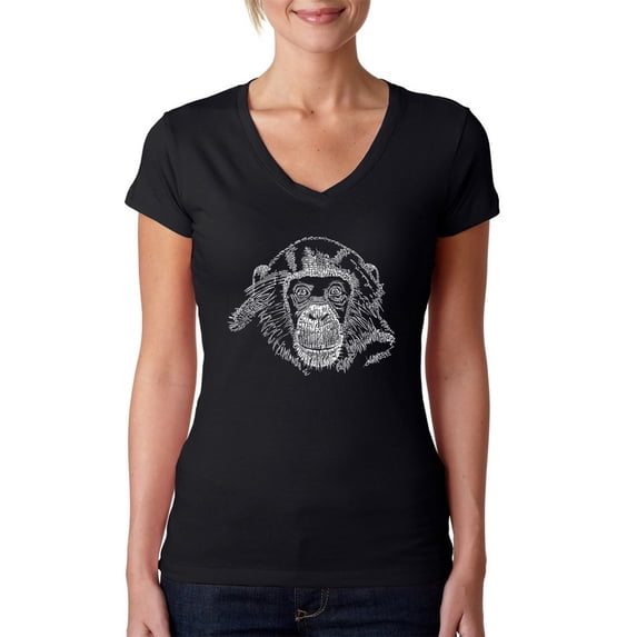 LA Pop Art Women's Word Art V-Neck T-Shirt - Chimpanzee