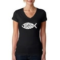 thumbnail image 1 of LA Pop Art Women's Word Art V-Neck T-Shirt - Christian Jesus Name Fish Symbol, 1 of 2