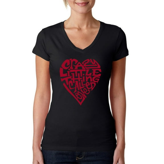 Women's Word Art Crazy Little Thing Called Love V-Neck T-Shirt Black S