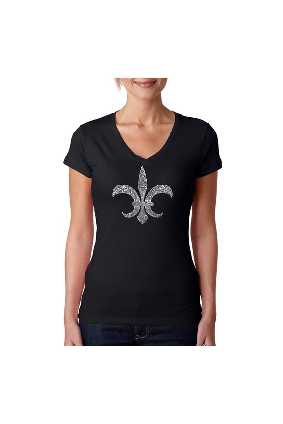 Women's Word Art V-Neck T-Shirt - FLEUR DE LIS - POPULAR LOUISIANA CITIES