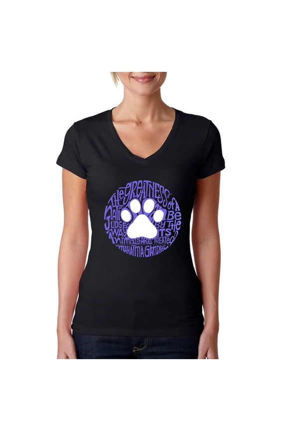 Women's Word Art V-Neck T-Shirt - Gandhi's Quote on Animal Treatment