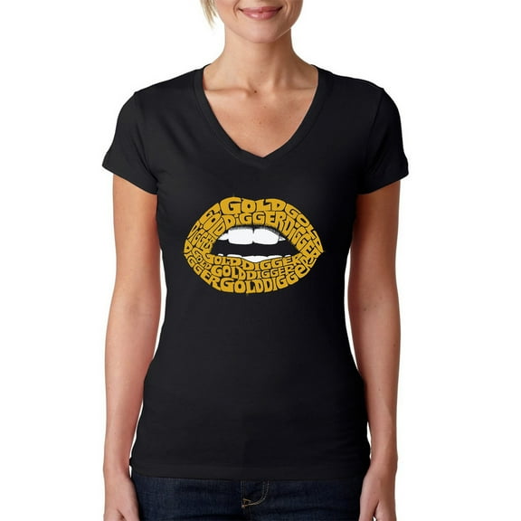 LA Pop Art Women's Word Art V-Neck T-Shirt - Gold Digger Lips