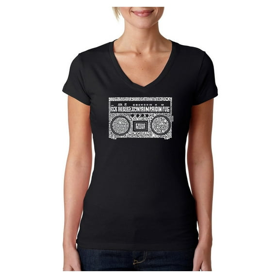 LA Pop Art Women's Word Art V-Neck T-Shirt - Greatest Rap Hits of The 1980's