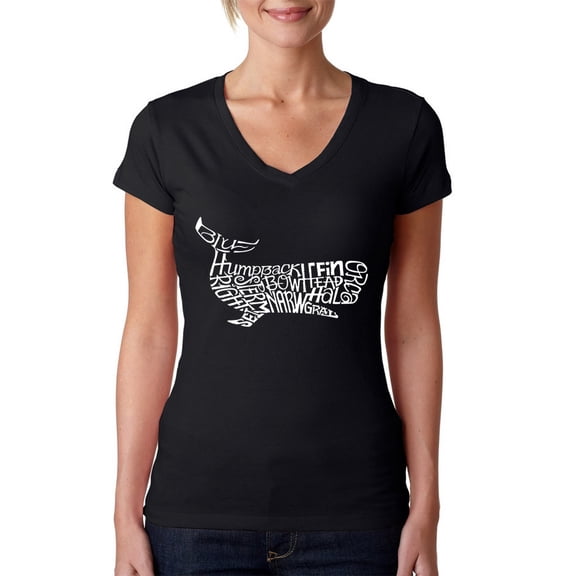 LA Pop Art Women's Word Art V-Neck T-Shirt - Humpback Whale