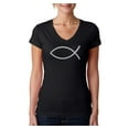 thumbnail image 1 of LA Pop Art Women's Word Art V-Neck T-Shirt - JESUS FISH, 1 of 2