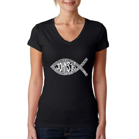 LA Pop Art Women's Word Art V-Neck T-Shirt - John 3:16 Fish Symbol