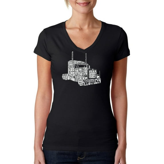 LA Pop Art Women's Word Art V-Neck T-Shirt - KEEP ON TRUCKIN'