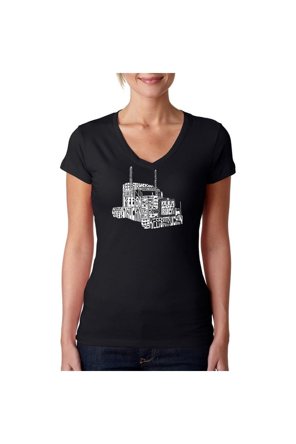 Women's Word Art V-Neck T-Shirt - KEEP ON TRUCKIN'