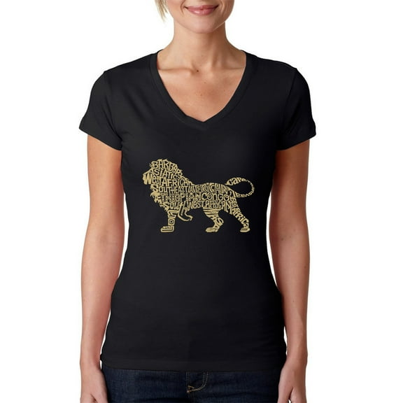 LA Pop Art Women's Word Art V-Neck T-Shirt - Lion