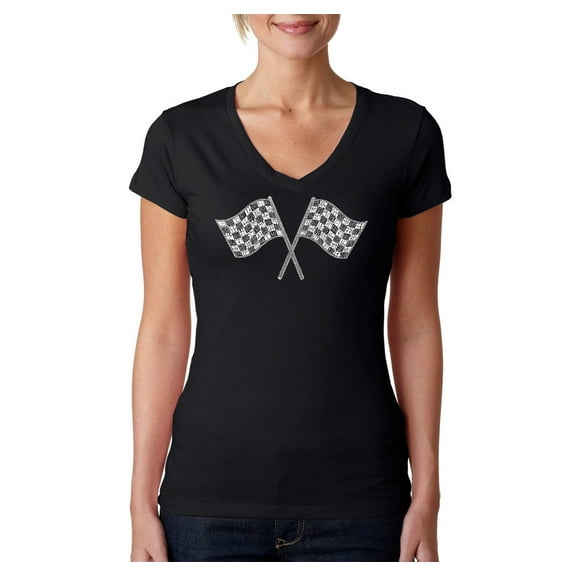 LA Pop Art Women's Word Art V-Neck T-Shirt - NASCAR NATIONAL SERIES RACE TRACKS