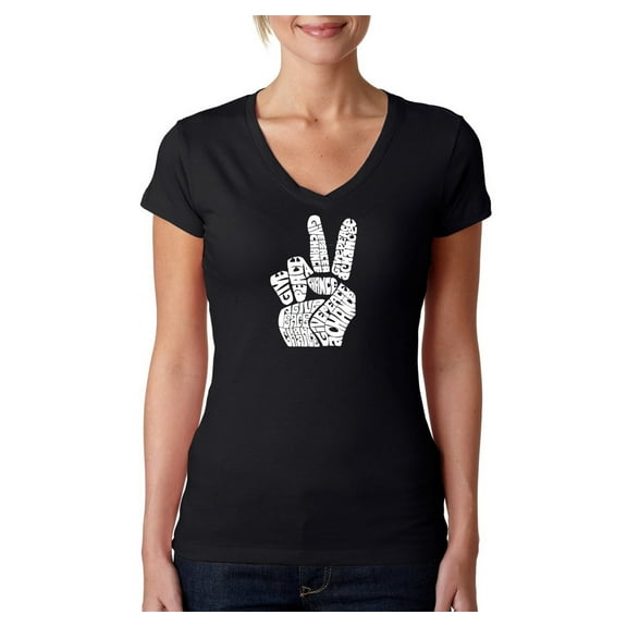 LA Pop Art Women's Word Art V-Neck T-Shirt - PEACE FINGERS