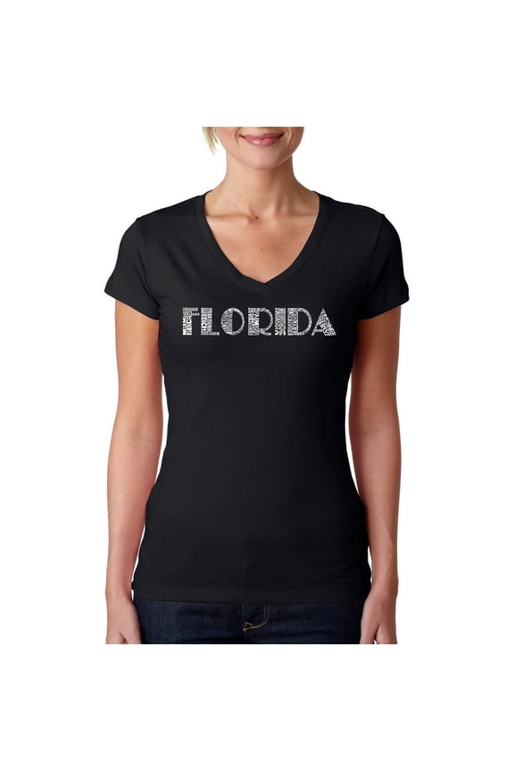Women's Word Art V-Neck T-Shirt - POPULAR CITIES IN FLORIDA