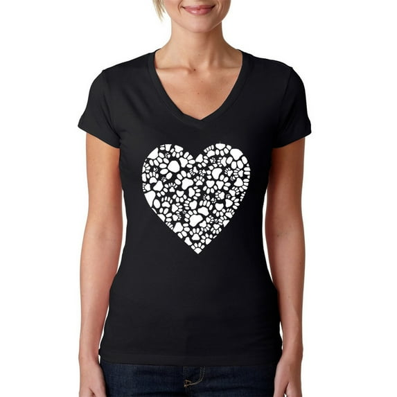 LA Pop Art Women's Word Art V-Neck T-Shirt - Paw Prints Heart