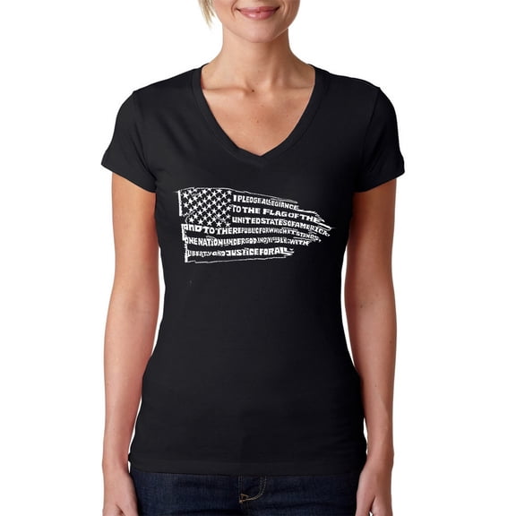 LA Pop Art Women's Word Art V-Neck T-Shirt - Pledge of Allegiance Flag