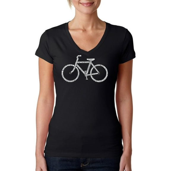 LA Pop Art Women's Word Art V-Neck T-Shirt - SAVE A PLANET, RIDE A BIKE