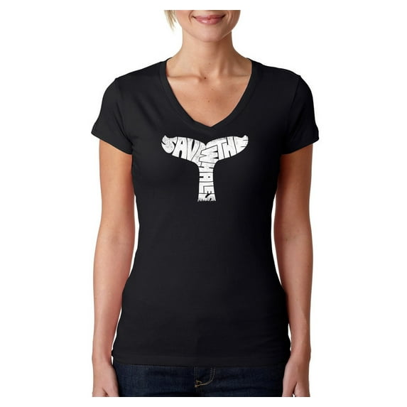 LA Pop Art Women's Word Art V-Neck T-Shirt - SAVE THE WHALES