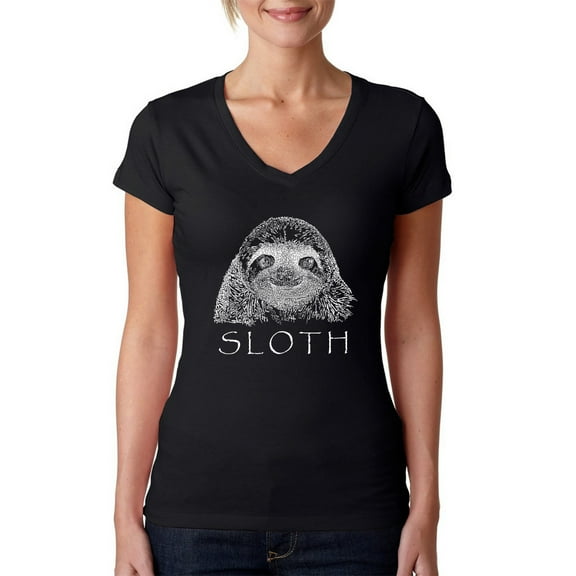 LA Pop Art Women's Word Art V-Neck T-Shirt - Sloth