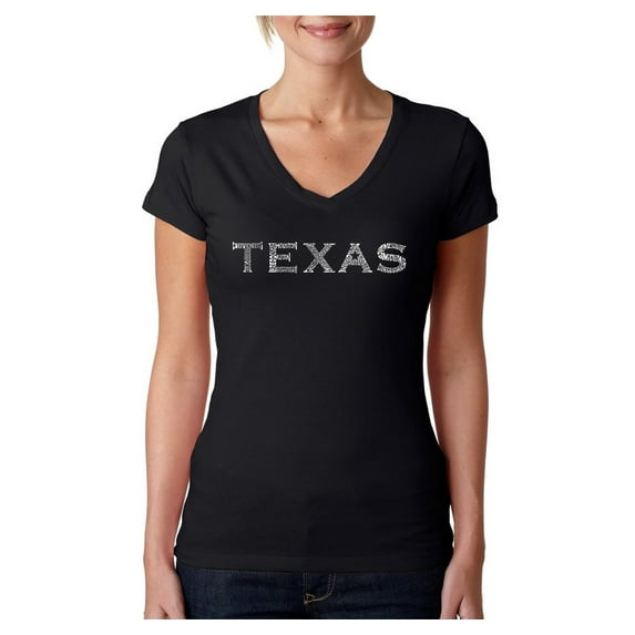 LA Pop Art Women's Word Art V-Neck T-Shirt - THE GREAT CITIES OF TEXAS