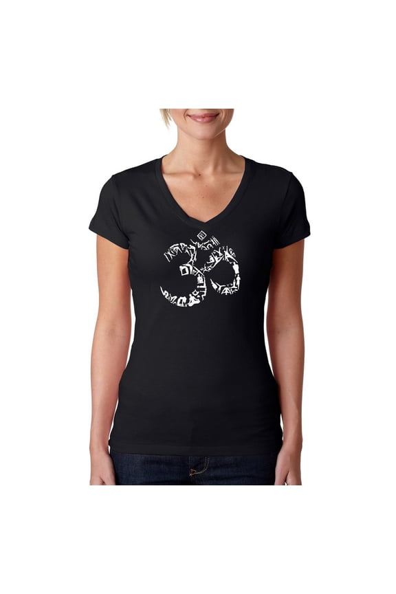 Women's Word Art V-Neck T-Shirt - THE OM SYMBOL OUT OF YOGA POSES