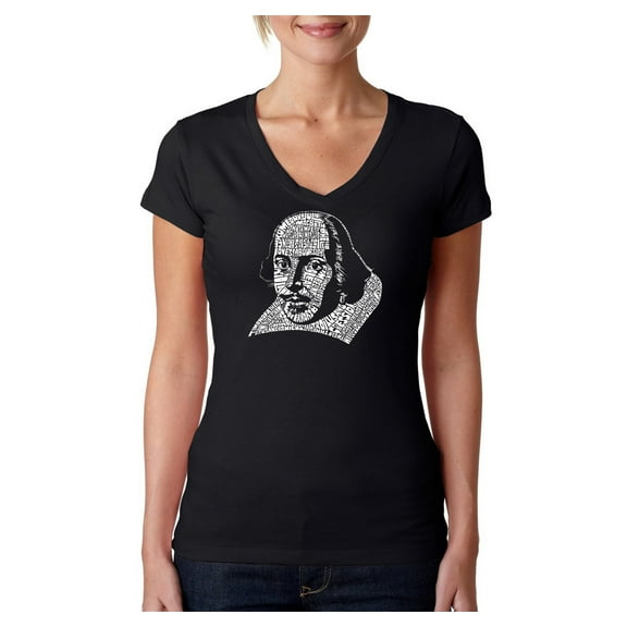 LA Pop Art Women's Word Art V-Neck T-Shirt - THE TITLES OF ALL OF WILLIAM SHAKESPEARE'S COMEDIES & TRAGEDIES