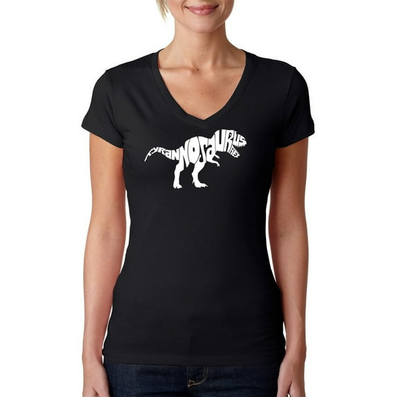 LA Pop Art Women's Word Art V-Neck T-Shirt - TYRANNOSAURUS REX