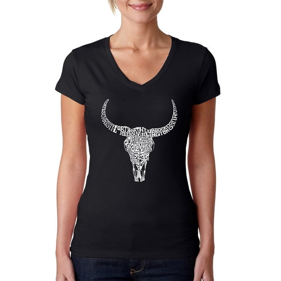 LA Pop Art Women's Word Art V-Neck T-Shirt - Texas Skull