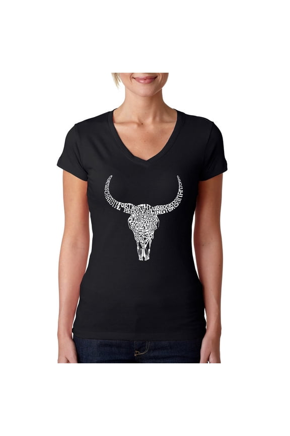 Women's Word Art V-Neck T-Shirt - Texas Skull