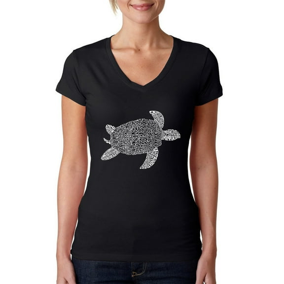 LA Pop Art Women's Word Art V-Neck T-Shirt - Turtle