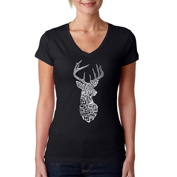 LA Pop Art Women's Word Art V-Neck T-Shirt - Types of Deer