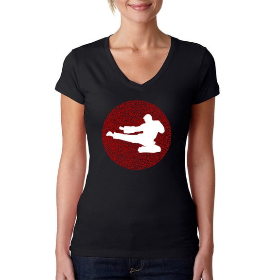 LA Pop Art Women's Word Art V-Neck T-Shirt - Types of Martial Arts