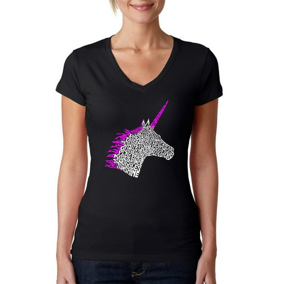 LA Pop Art Women's Word Art V-Neck T-Shirt - Unicorn