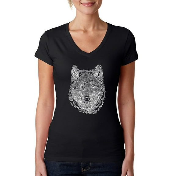 LA Pop Art Women's Word Art V-Neck T-Shirt - Wolf