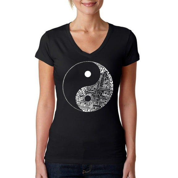 LA Pop Art Women's Word Art V-Neck T-Shirt - YIN YANG