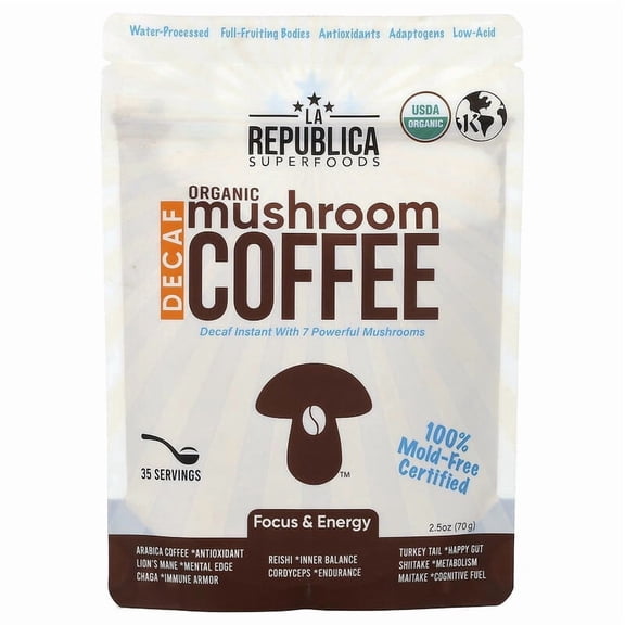 LA Republica, Mushroom Coffee, Instant Coffee + 7 Mushrooms, Decaf, 2.12 oz (60 g)
