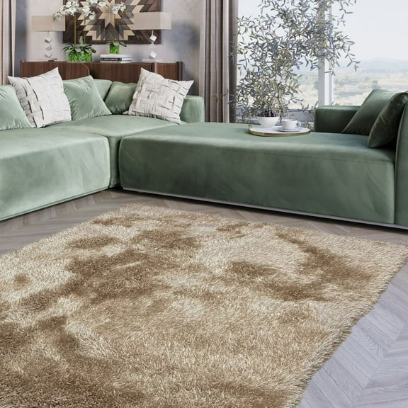 LA Romantic Shag Shaggy Solid Accent Furry Woven Contemporary Modern Furry Plush Fluffy 5-Feet-by-7-Feet Polyester Made Area Rug Carpet Rug Beige Color