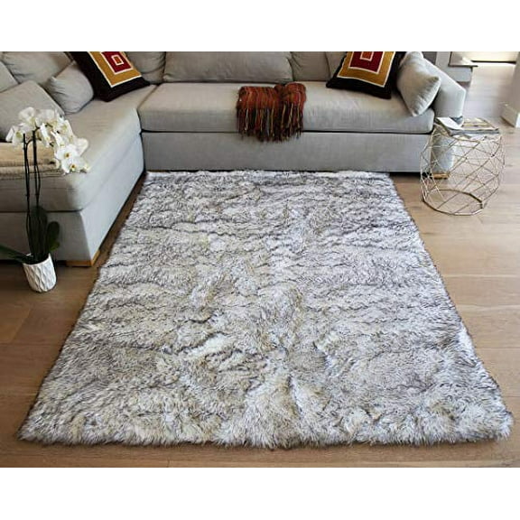 LA Solid Plain Faux Sheepskin Animal Hide Sheep Hide Lambskin Natural Feel Fluffy Furry Plush Modern Contemporary Fur Shaggy 5-Feet-by-7-Feet Polyester Made Area Rug Carpet Rug Black White Color